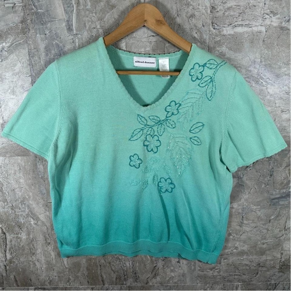 Alfred Dunner green knit floral embroidered sweater Woman's Size L